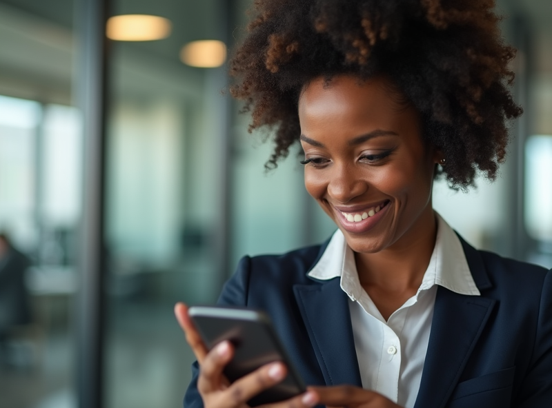 A business professional smiling while using a mobile phone